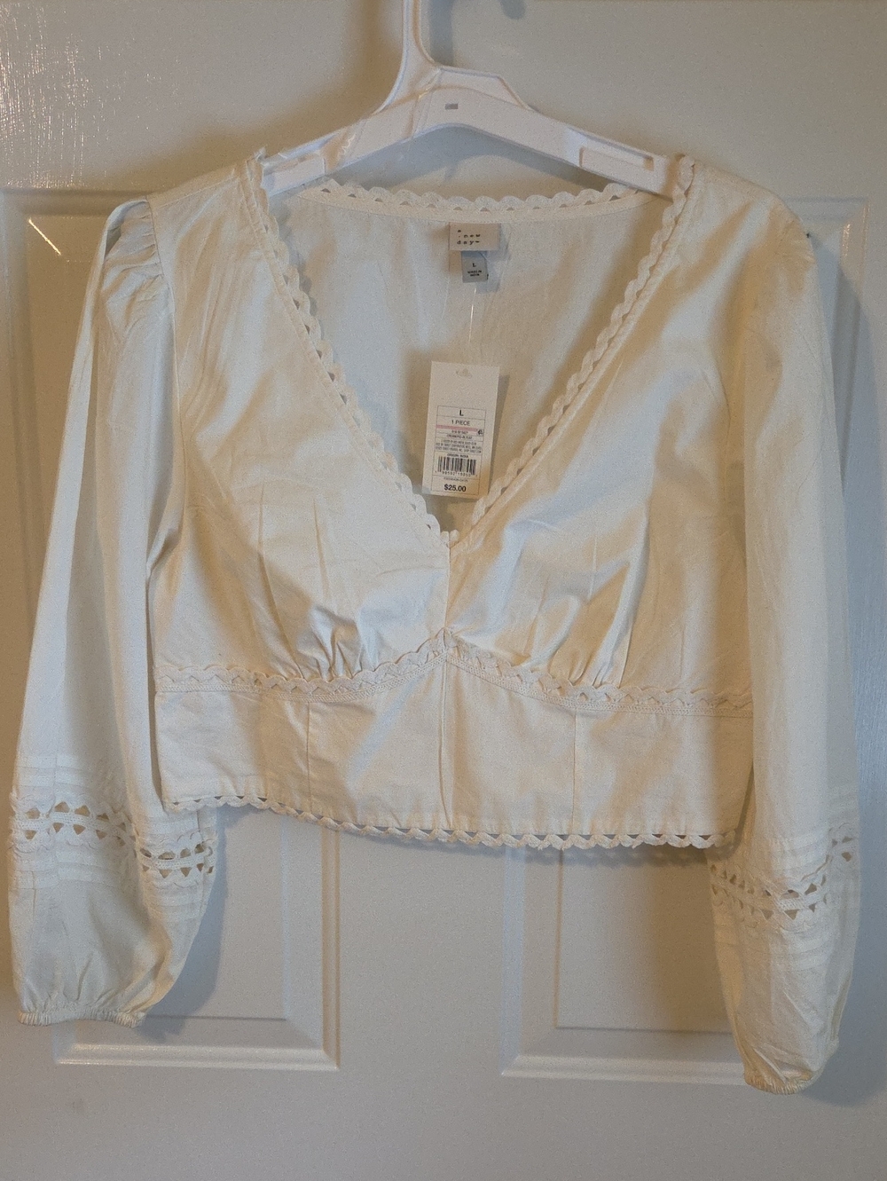 a new day Cream V-Neck Cropped Blouse with Eyelet Trim